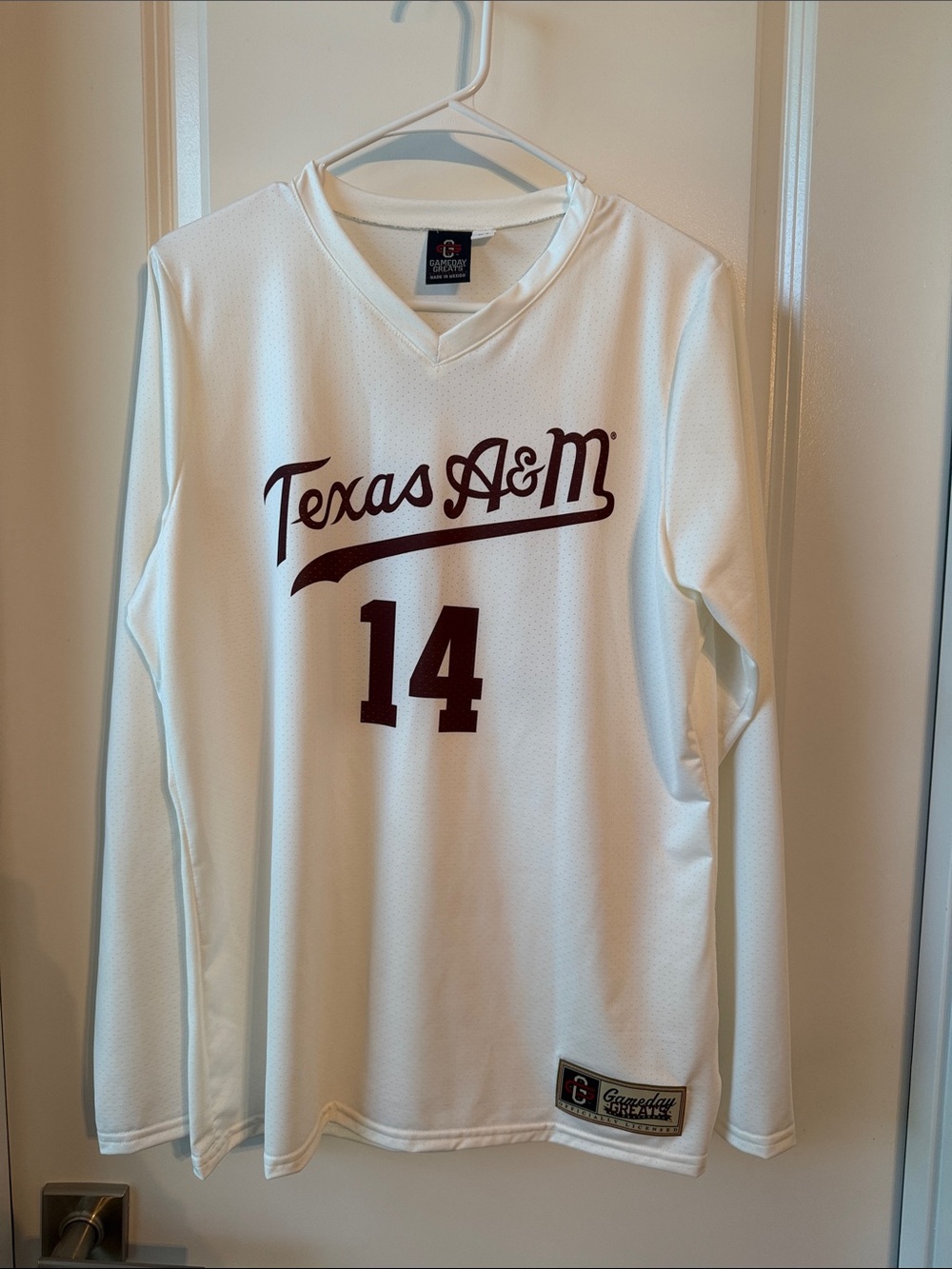 Texas A&M White Long-Sleeve Volleyball Jersey with Maroon Script and Number 14